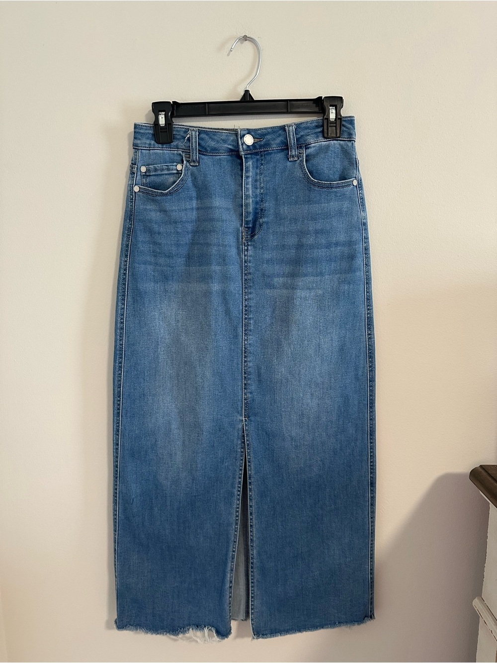Oat New York Blue Denim Straight Leg Skirt with Front Slit